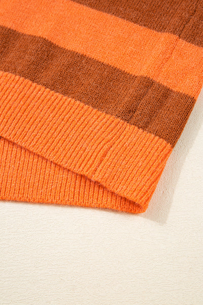 Orange Striped Colorblock High Neck Drop Shoulder Cozy Sweater