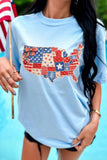 Light Blue Faux Patchwork USA Map Graphic Tee