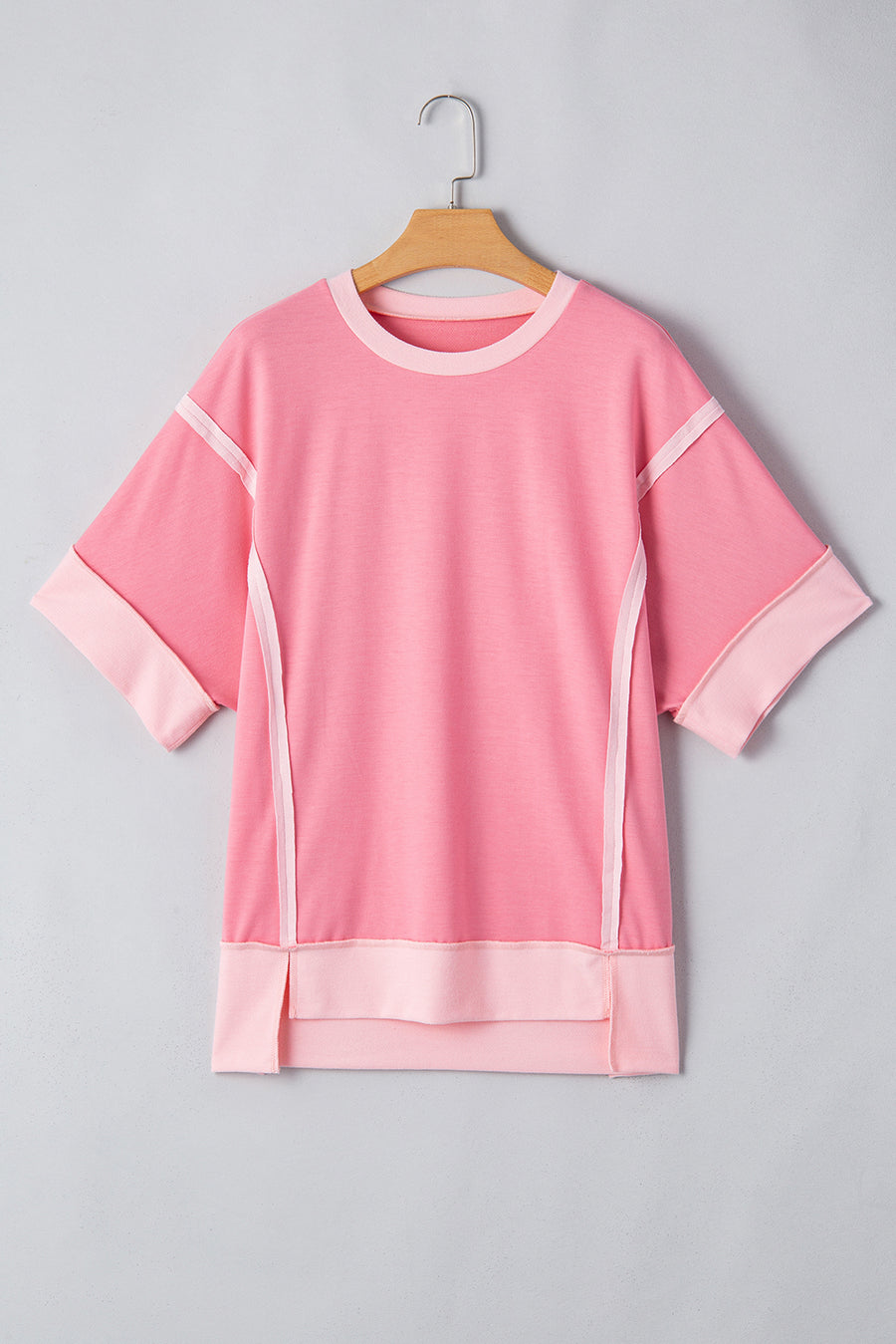 Peach Exposed Seam High-Low Side Slit Short Sleeve T-Shirt