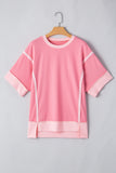 Peach Exposed Seam High-Low Side Slit Short Sleeve T-Shirt