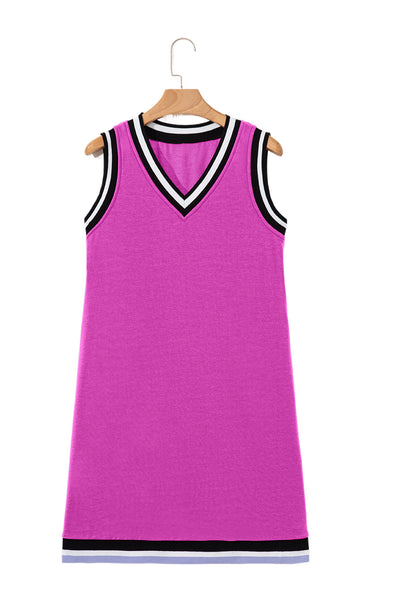 Purple Orchid Contrast Trim V Neck Sleeveless Mini Dress