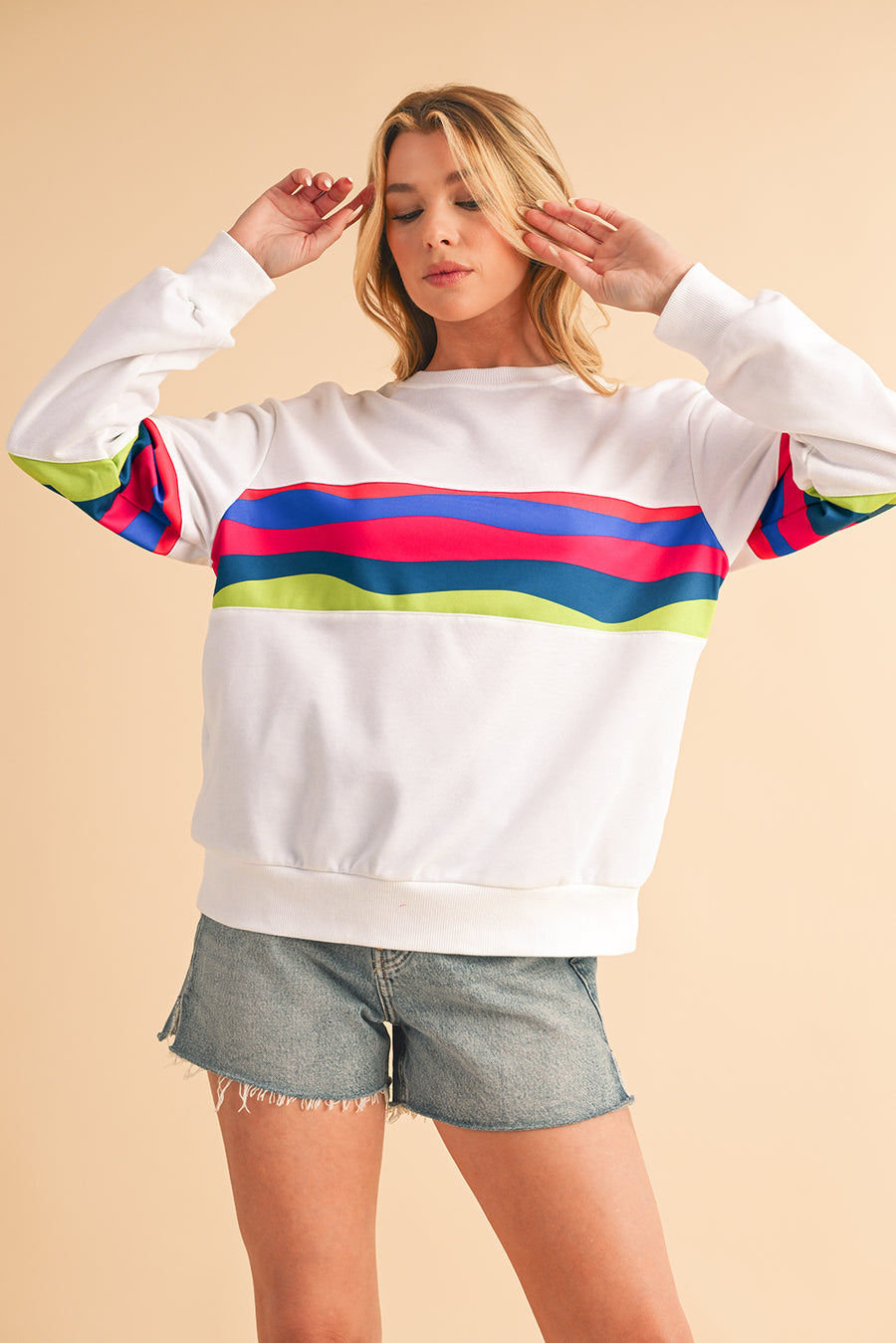 Green Multicolored Wavy Striped Crew Neck Long Sleeve Top- 2 Colors