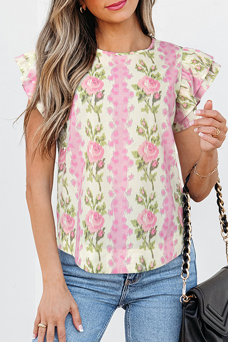 Pink Rose Layered Ruffle Short Sleeve Blouse