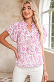Pink Floral Ruffle Short Sleeve Frill Tie V-Neck Blouse