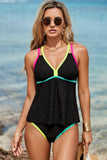 Black Floral Textured Neon Trim V-Neck Criss-Cross Tankini