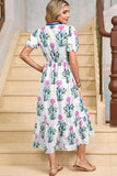 Floral Ruffle Hem Contrast Trim Neckline Midi Dress- 3 Colors