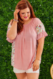Pink Plus Size Floral Patchwork Ruffle Short Sleeve Blouse
