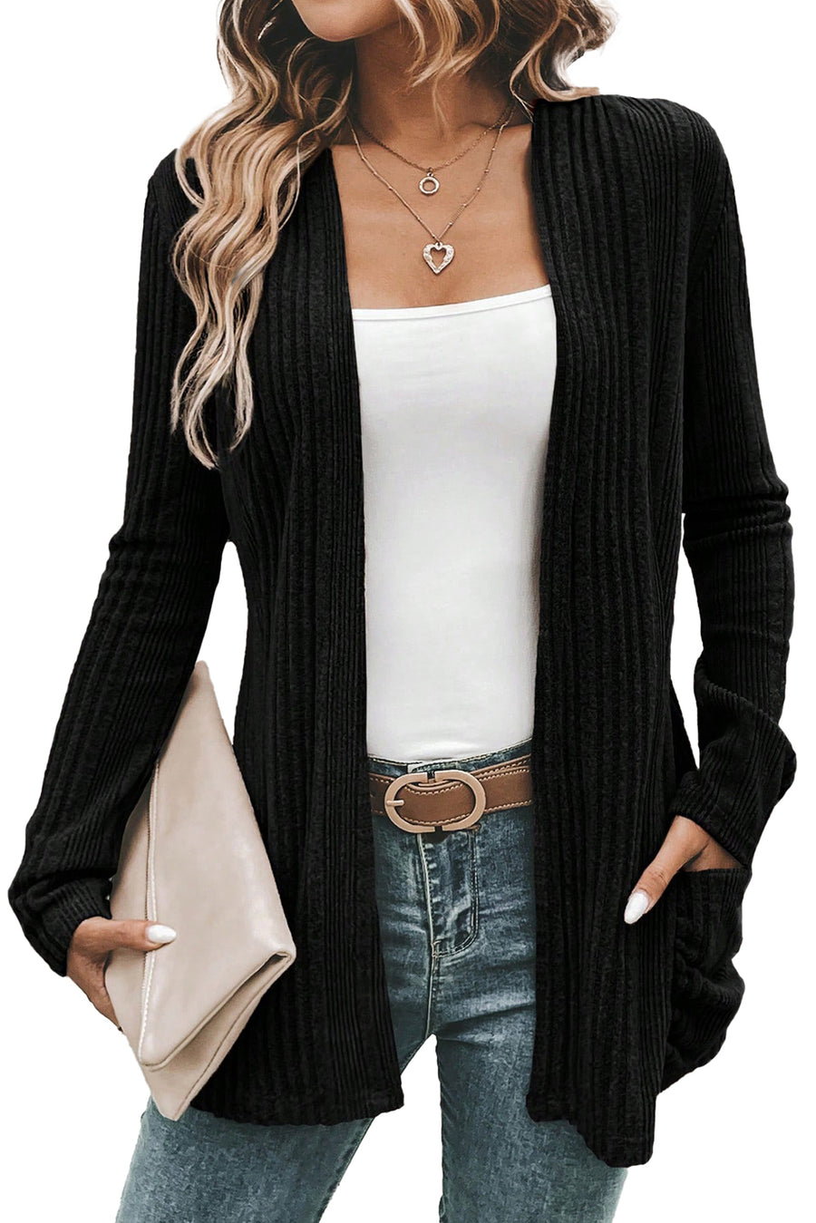 Stone Blue Ribbed Open Front Knitted Top with Pockets