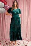Velvet Puff Short Sleeve Smocked Waist Tiered Maxi Dress with Pockets- 3 Colors