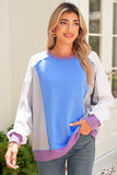 Blue Multi Color Block Patchwork Crew Neck Pullover Sweatshirt
