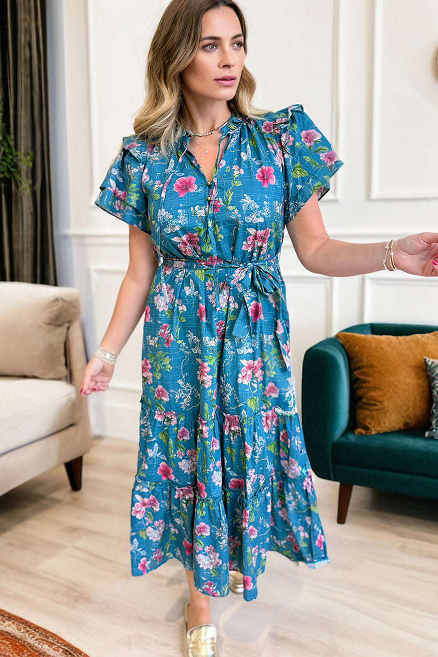 Blue Floral Flutter Sleeve Tie Neck Belted Midi Dress