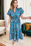 Blue Floral Flutter Sleeve Tie Neck Belted Midi Dress