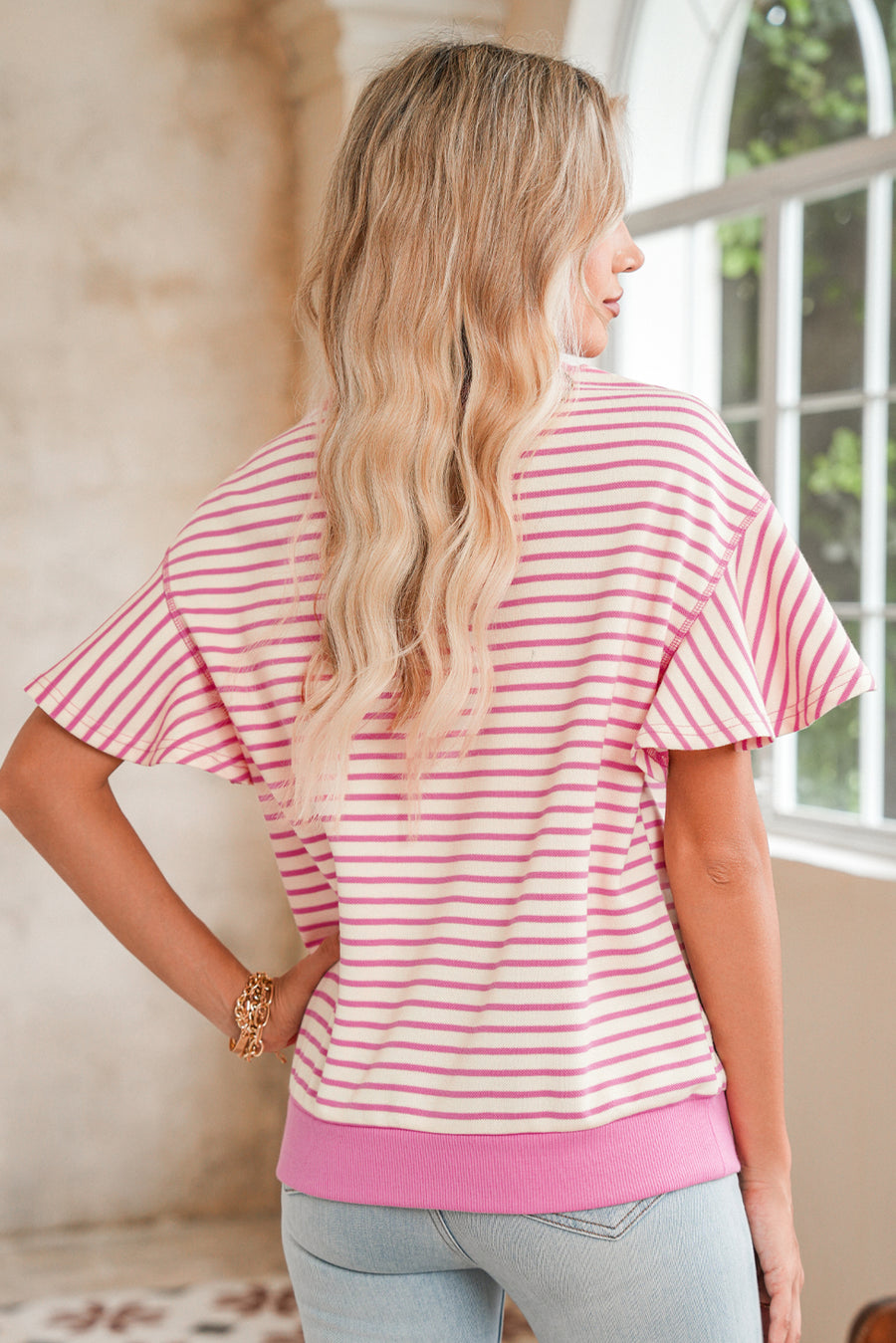 Striped Ruffle Sleeve Crew Neck T-Shirt- 3 Colors