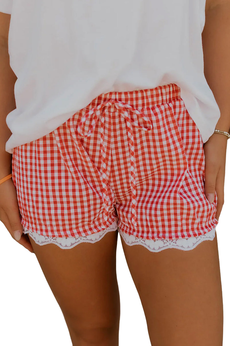 Red Gingham Lace Trim Elastic Waist Shorts