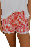 Red Gingham Lace Trim Elastic Waist Shorts