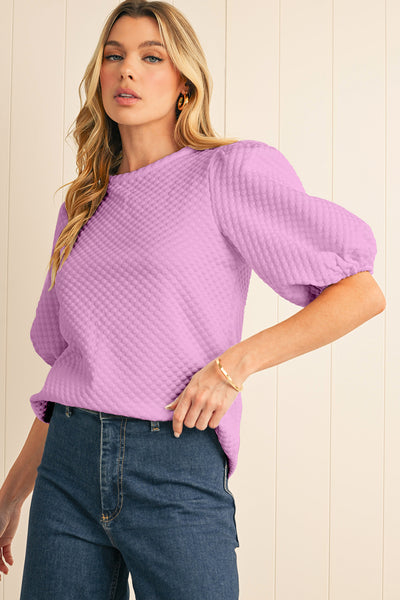 Orchid Textured Crew Neck Puff Sleeve Blouse