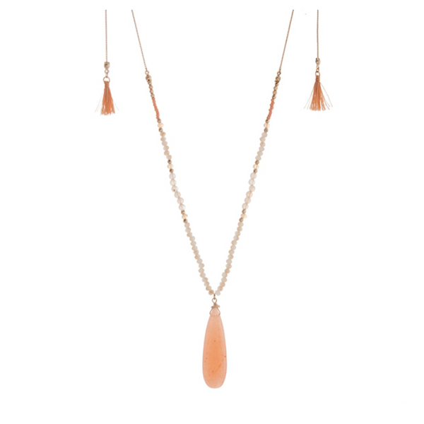 Gold Tone Adjustable Teardrop, Beads, & Tassel Necklace- Peach