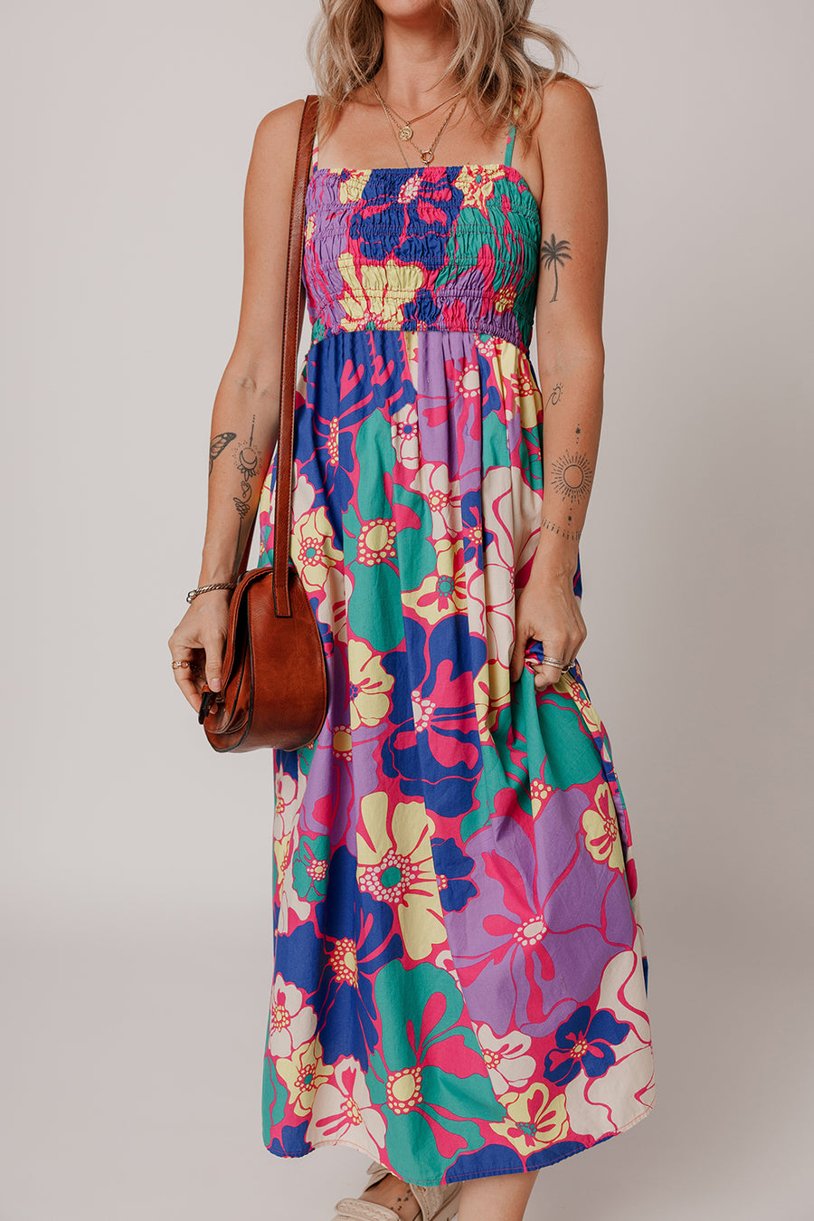 Multicolored Tropical Floral Print Shirred Spaghetti Strap Loose Maxi Dress