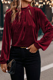 Velvet Asymmetric Button Keyhole Long Sleeve Blouse- 2 Colors