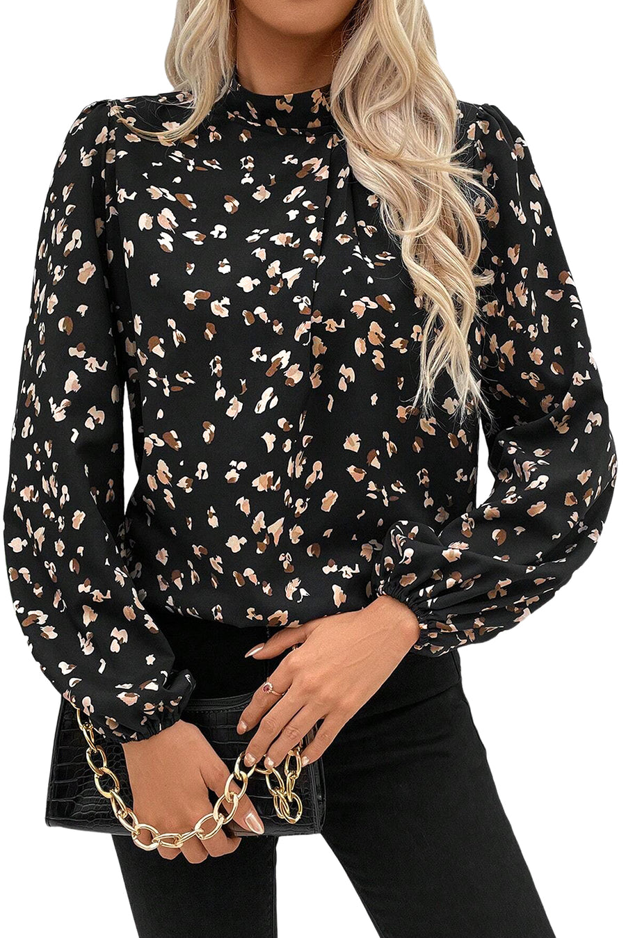 Leopard Print Mock Neck Long Sleeve Pleated Blouse- 2 Colors