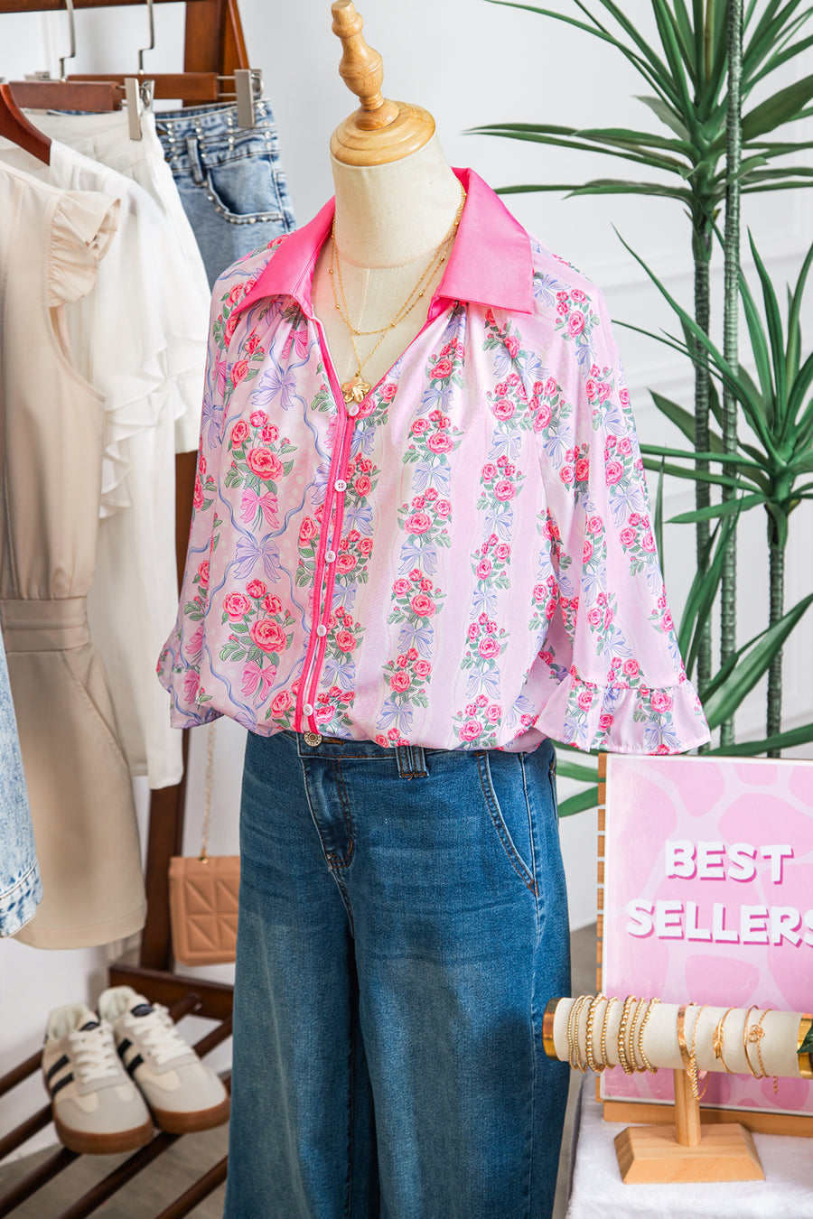Bright Pink Bow Bouquets Collared Ruffled Short Sleeve Button-Up Blouse