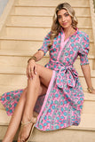 Pink Bohemian Floral Shirred Short Sleeve Belted Midi Dress