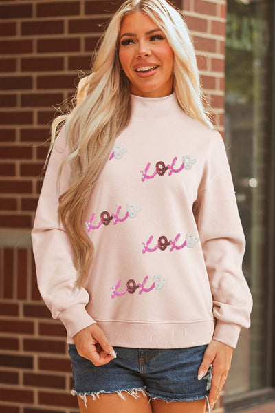 Apricot Pink Sequin XOXO Patched Mock Neck Oversized Sweatshirt