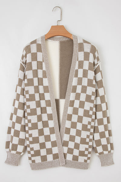 Black Checkered Open Front Drop Shoulder Cardigan