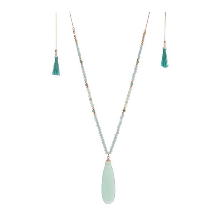 Gold Tone Adjustable Teardrop, Beads, & Tassel Necklace- Mint