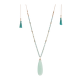 Gold Tone Adjustable Teardrop, Beads, & Tassel Necklace- Mint