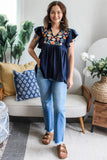 Navy Blue V-Neck Ruffled Sleeve Floral Embroidered Babydoll Blouse