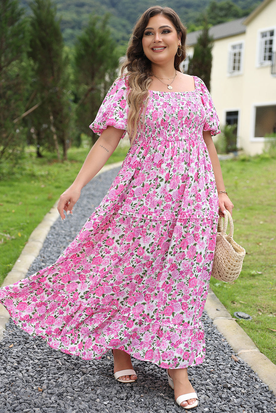 Plus Size Pink Floral Smocked Puff Sleeve Maxi Dress