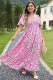 Plus Size Pink Floral Smocked Puff Sleeve Maxi Dress