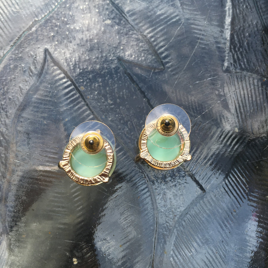 Gold Tone Round Stone Post Earrings- Mint Green
