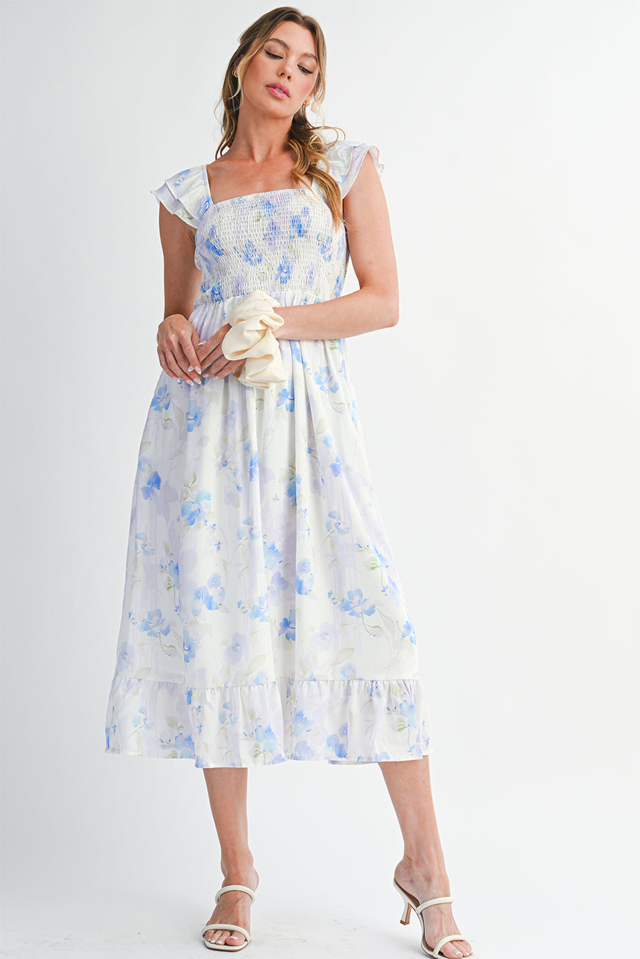 Blue Floral Smocked High Waist Ruffle Sleeveless Midi Dress
