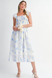 Blue Floral Smocked High Waist Ruffle Sleeveless Midi Dress