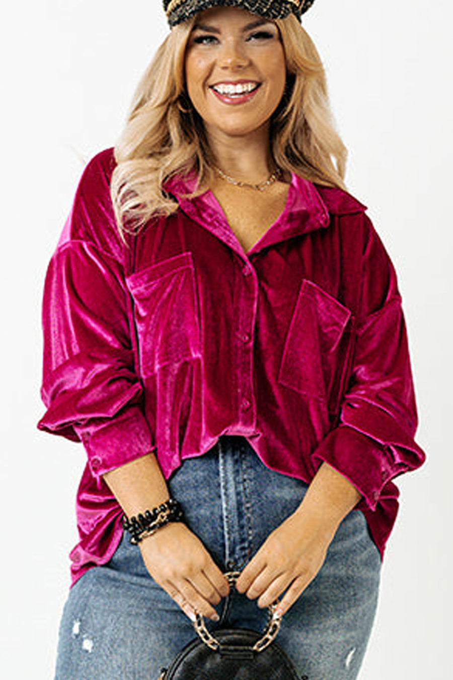 Plus Size Bright Pink Velvet Chest Pocket Drop Shoulder Shirt