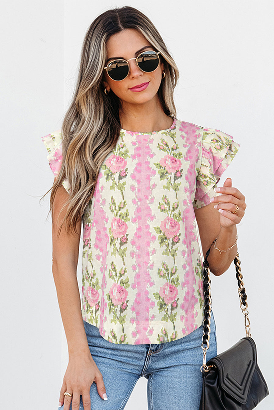 Pink Rose Layered Ruffle Short Sleeve Blouse