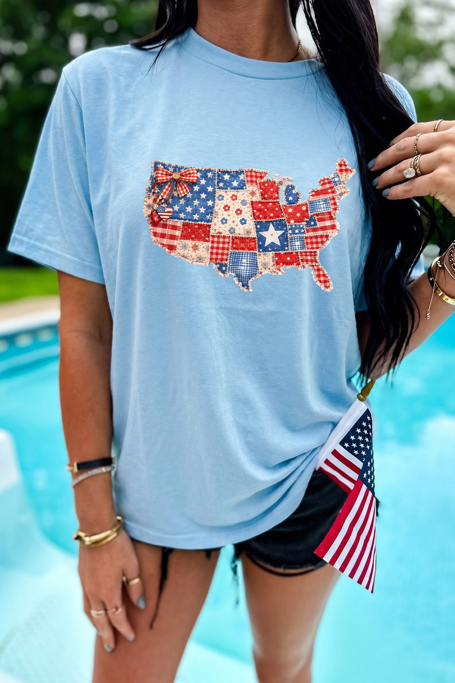 Light Blue Faux Patchwork USA Map Graphic Tee