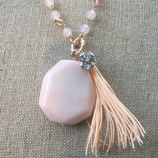 Gold Tone Beads, Stone, & Tassel Necklace Set- Peach