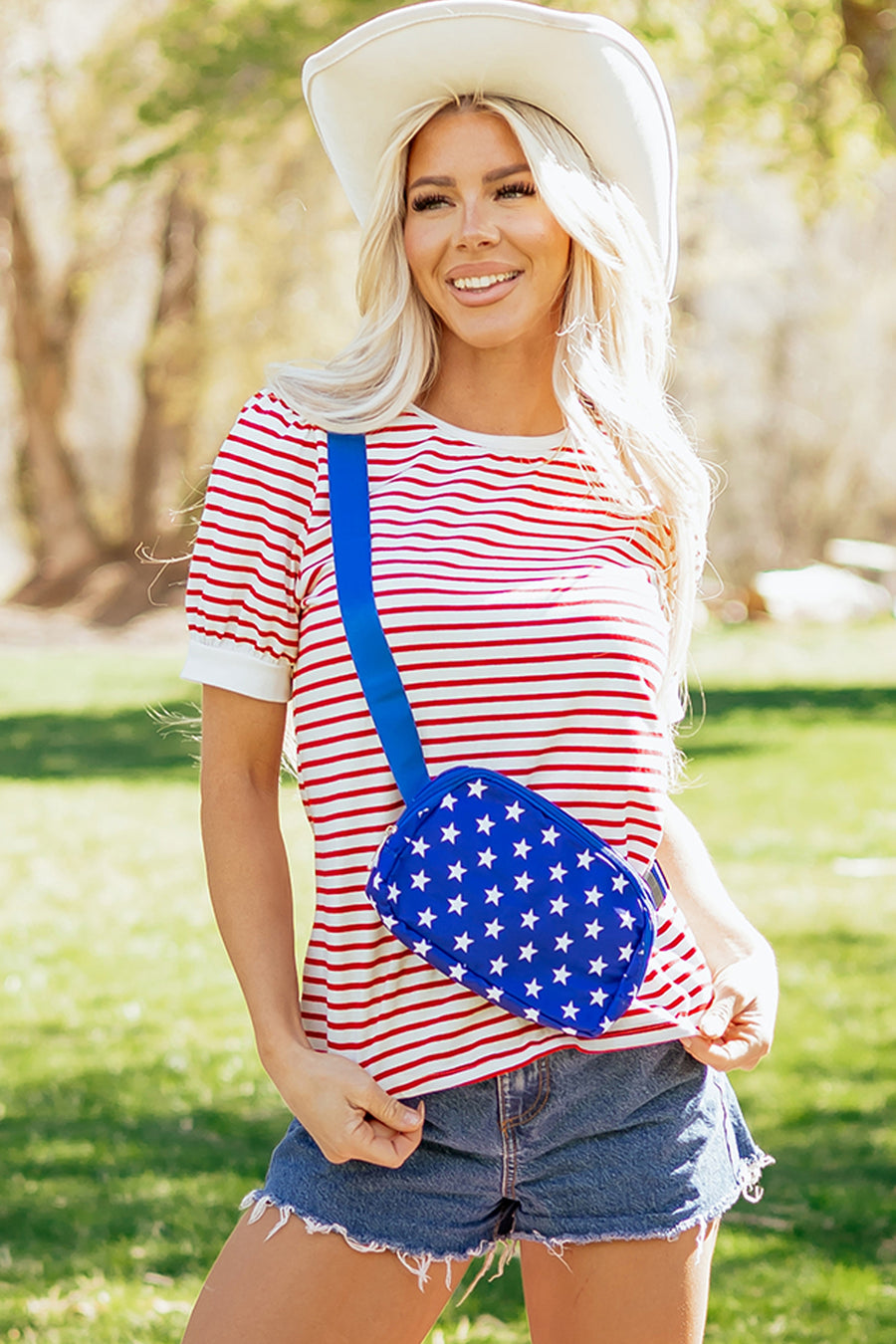 Red Striped Contrast Trim Crew Neck Short Puff Sleeve T-Shirt