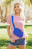 Red Striped Contrast Trim Crew Neck Short Puff Sleeve T-Shirt