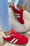 Fiery Red Vintage Striped Suede Patchwork Lace-Up Sneakers