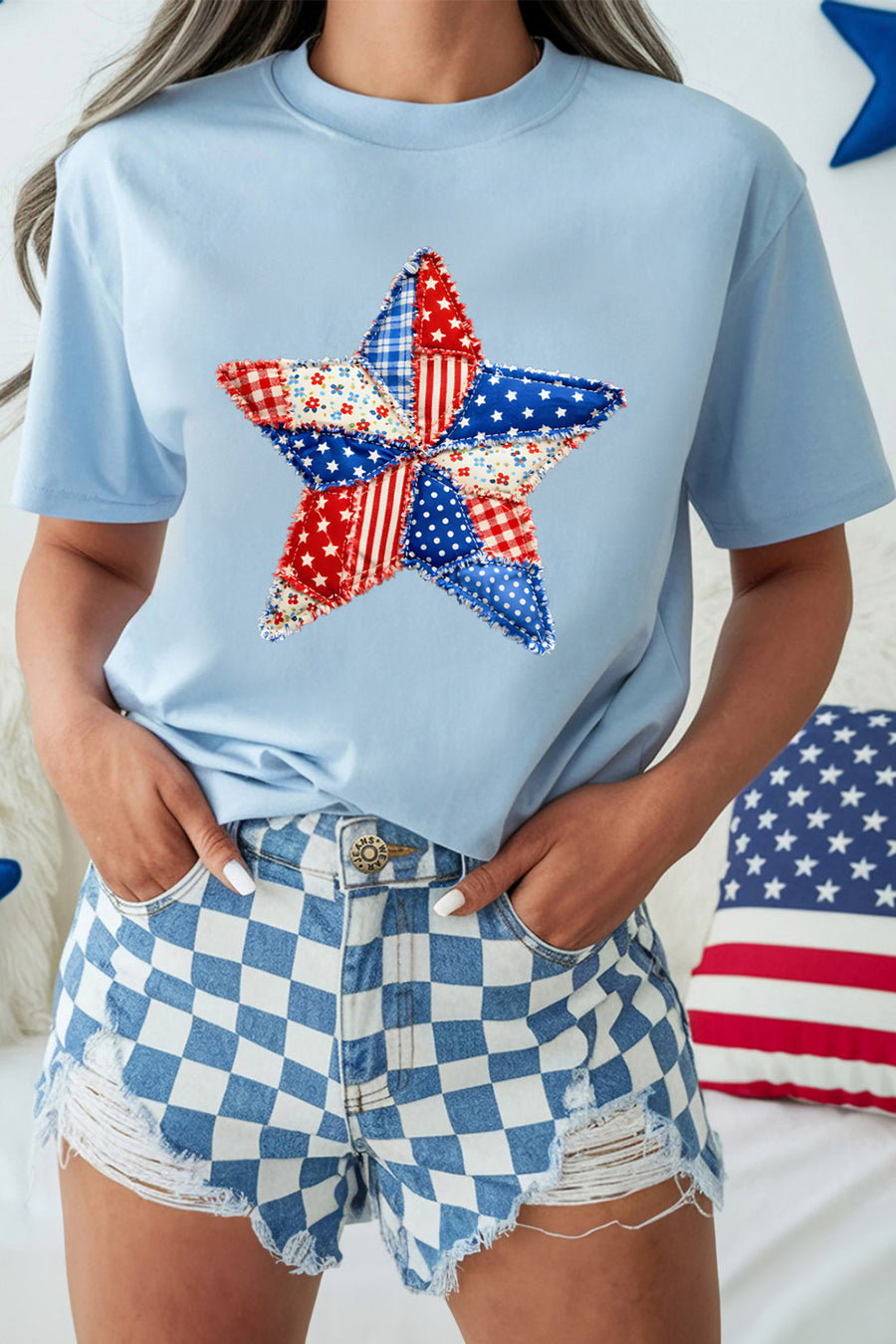 Light Blue Faux Patchwork American Star Graphic T-Shirt