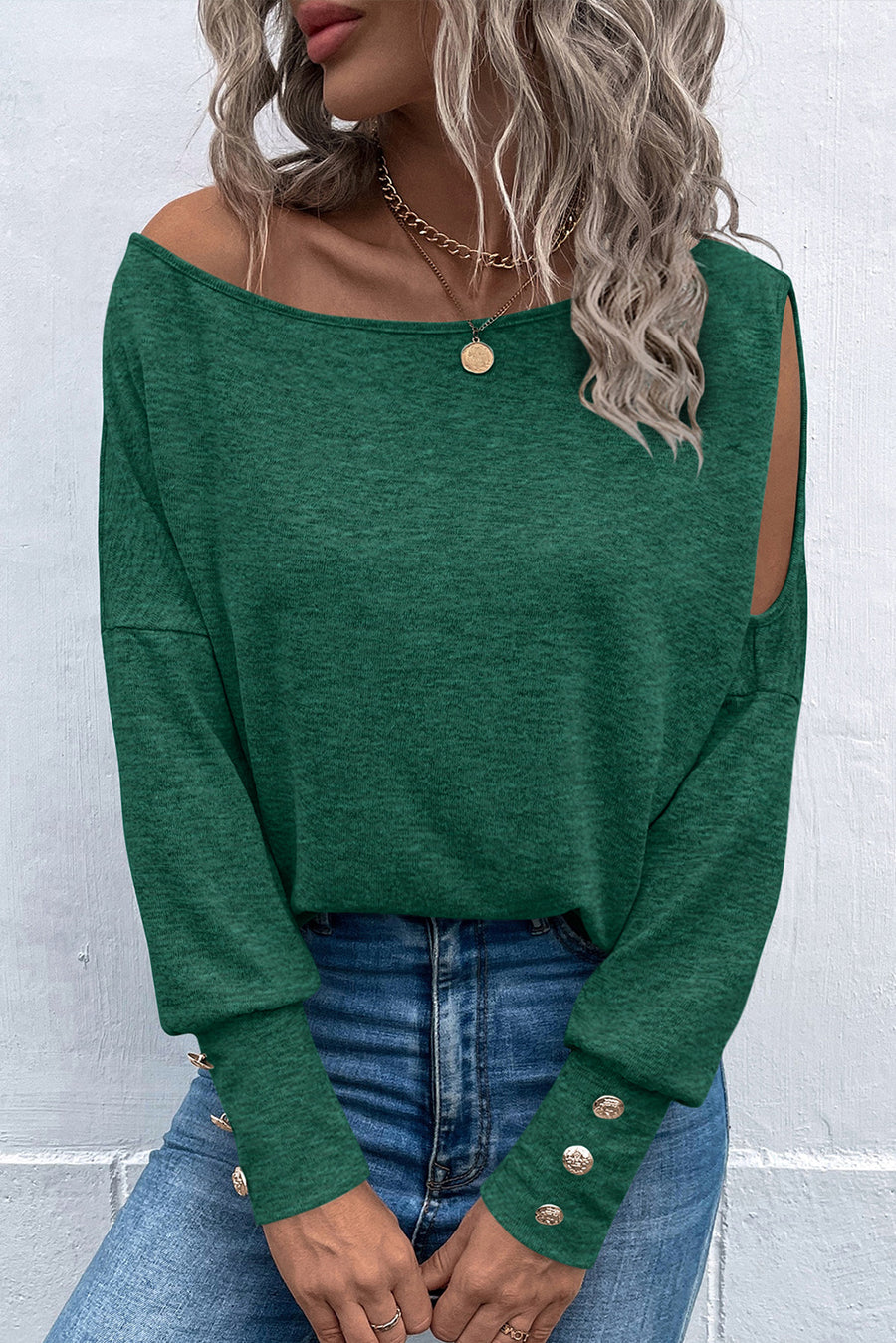 Green Boat Neck Cutout Long Sleeve Blouse with Button Detail Cuffs