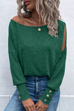 Green Boat Neck Cutout Long Sleeve Blouse with Button Detail Cuffs