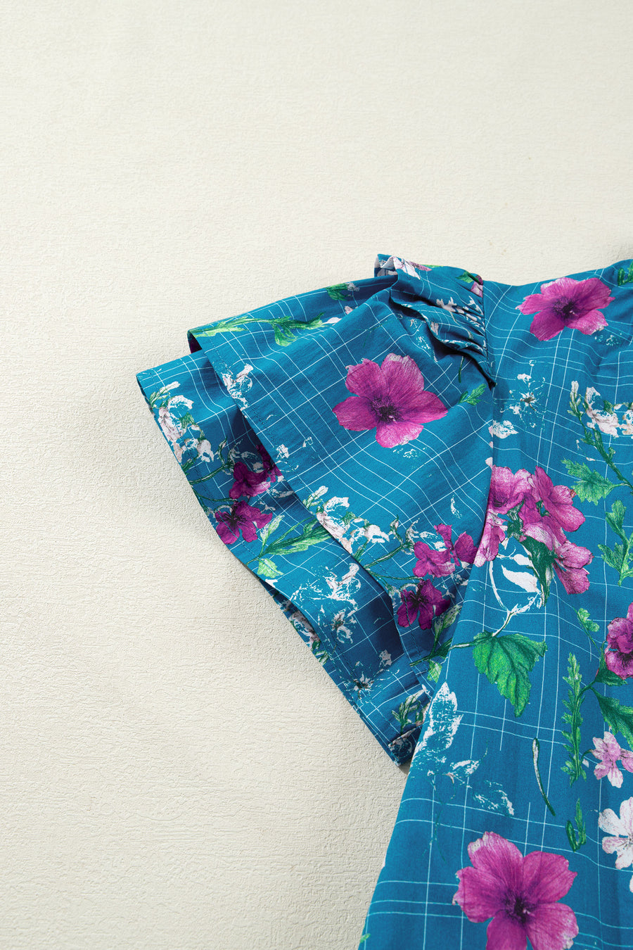 Blue Floral Flutter Sleeve Tie Neck Belted Midi Dress