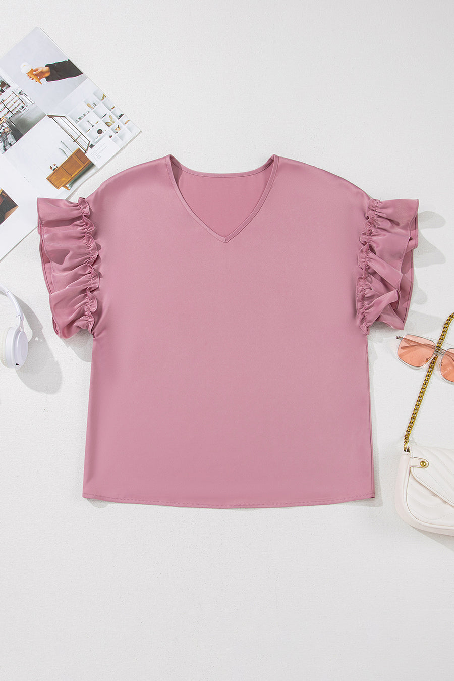 Toadstool Satin Ruffle Sleeve V-Neck Blouse