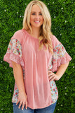 Pink Plus Size Floral Patchwork Ruffle Short Sleeve Blouse