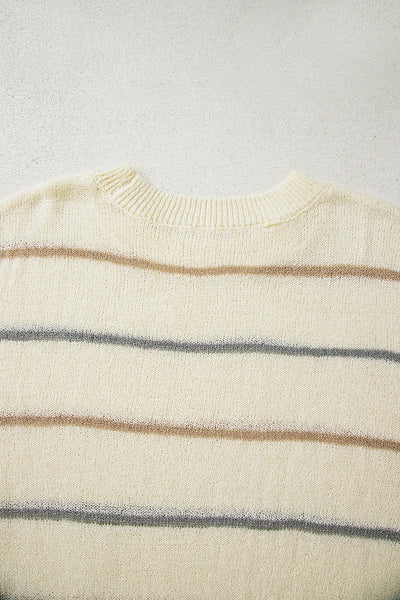 Brown Striped Ribbed Edge Drop Shoulder Sweater